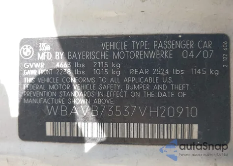 2007 BMW 335I из США, поврежденный, VIN WBAVB73537VH20910